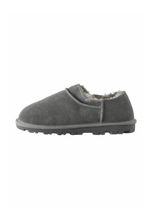 Scarpa slip-on in camoscio grigio con suola spessa e battistrada, e morbida fodera interna in pelliccia bianca, progettata per il comfort sia interno che esterno.
