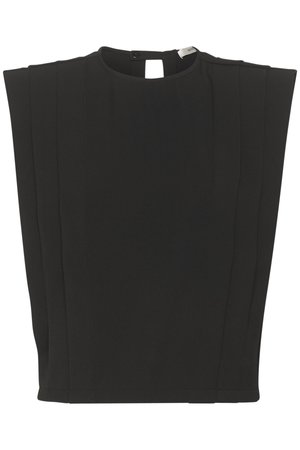 Čierny skrátený top s vysokým golierom, s vystuženými plisovanými detailmi po stranách a zapínaním na gombík na zadnej strane. Hladká, matná textúra.