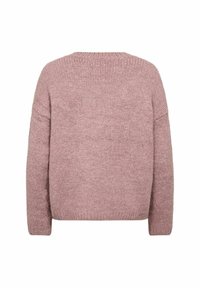 Soft pink knitted sweater with a relaxed fit, round neckline, and dropped shoulders. Features ribbed cuffs and hem with a textured finish.