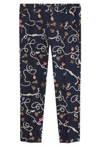 Pantalon marine arborant un motif de cordes, coquillages et étoiles de mer aux couleurs variées. Confectionné en tissu lisse avec une coupe ajustée.