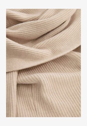 Beige geripptes Gewebe mit weicher Textur, das schmale vertikale Streifen aufweist. Das Material wirkt leicht und fällt sanft.