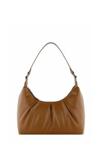 Sac à épaule en cuir marron avec un design plissé, une forme courbée et une seule poignée. Dispose d'une fermeture éclair et d'un détail de logo en relief.