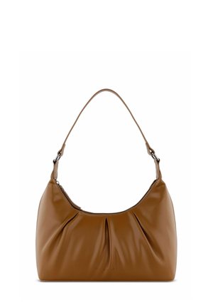 Braune Leder-Schultertasche mit plissiertem Design, geschwungener Form und einem einzigen Griff. Verfügt über einen Reißverschluss und ein geprägtes Logo-Detail.