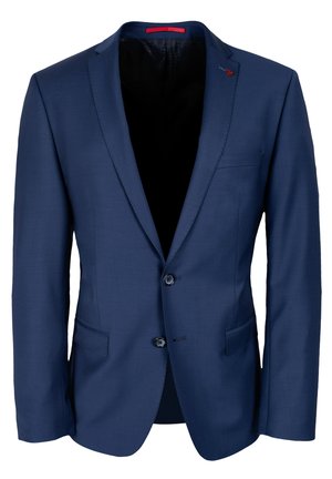 Marineblauer Blazer mit einem Ein-Knopf-Verschluss, Reverskragen, zwei vorderen Taschen und einem roten Akzent am Revers. Glattes Textil.