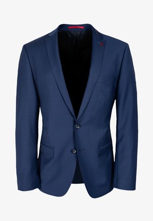 Marineblauer Blazer mit einem Ein-Knopf-Verschluss, Reverskragen, zwei vorderen Taschen und einem roten Akzent am Revers. Glattes Textil.