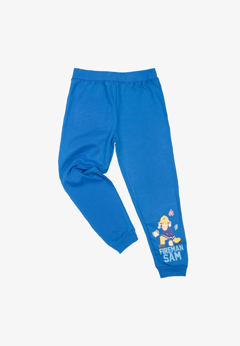 Blue cotton joggers featuring an elastic waistband and tapered cuffs, with a printed Fireman Sam character and graphic details on the lower leg.