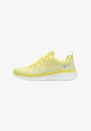 Helle gelbe Sportschuhe mit einer strukturierten Oberseite, sechs Ösen und einer weißen Gummisohle. Besitzt ein dezentes Akzentlogo an der Seite.