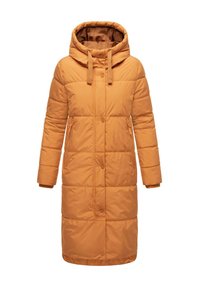 Lang, oranje pufferjas met capuchon, met een geborduurd textuur, knoopsluitingen en twee zijzakken.