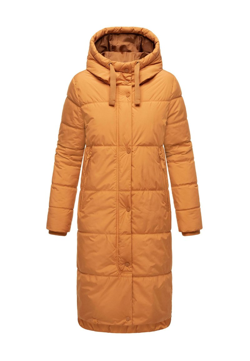 Lang, oranje pufferjas met capuchon, met een geborduurd textuur, knoopsluitingen en twee zijzakken.