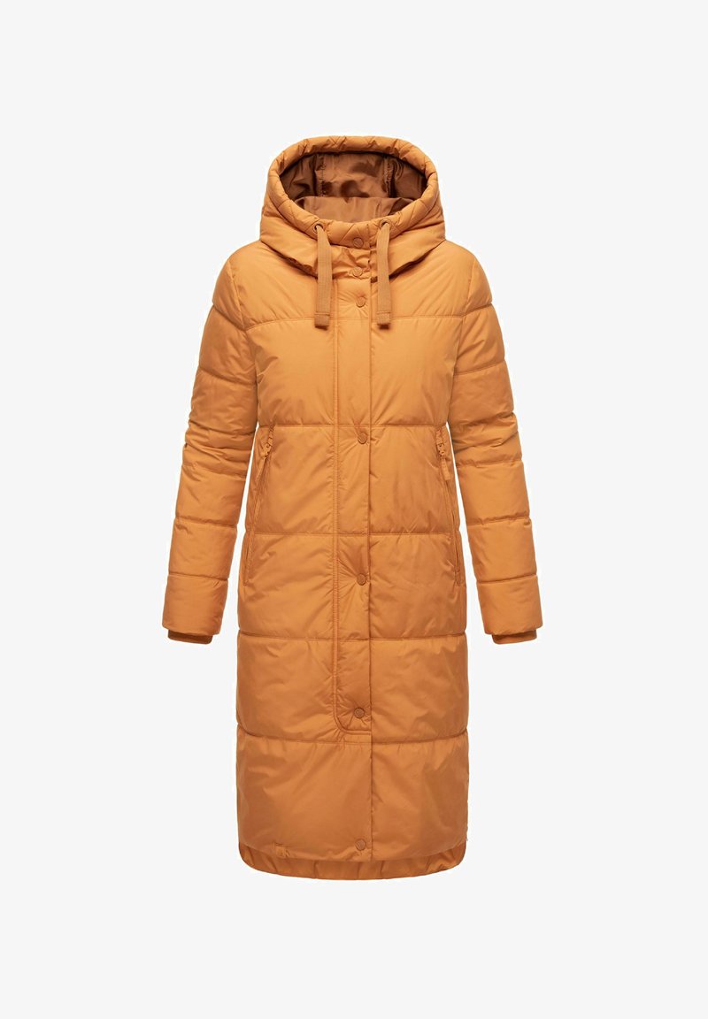 Lang, oranje pufferjas met capuchon, met een geborduurd textuur, knoopsluitingen en twee zijzakken.