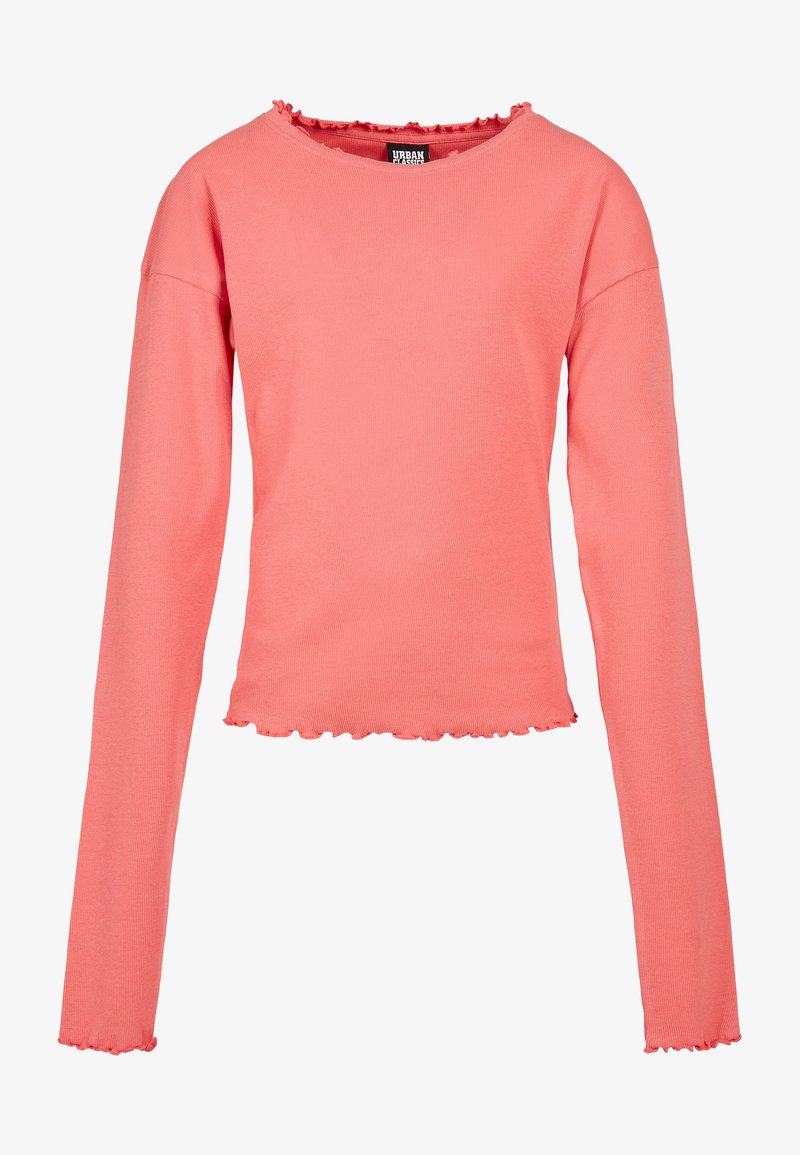 Langärmliges coral-pinkes Oberteil aus geripptem Stoff mit einem Rüschensaum am Kragen und am Saum. Es zeichnet sich durch eine taillierte Passform und leicht schmal zulaufende Ärmel aus.