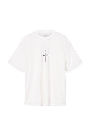 Camiseta blanca de manga corta hecha de algodón, con un gráfico central que presenta el texto "ALLSAINTS" y sutiles detalles de bordado.