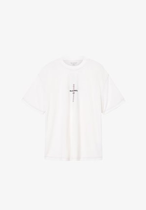 Hvid kortærmet T-shirt lavet af bomuld, med en central grafik med "ALLSAINTS" tekst og subtile broderidetaljer.