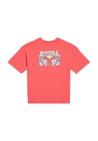 Korálové tričko s krátkým rukávem vyrobené z bavlny, s grafickým potiskem květin a textem "O'Neill Surf Supply Co." na zadní straně.