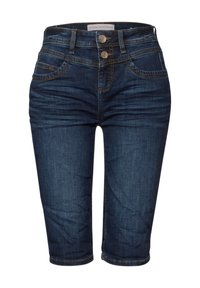 Jean capri en denim bleu foncé avec taille mi-haute, deux poches avant et deux fermetures à bouton. Présente des coutures contrastées et une texture lisse.
