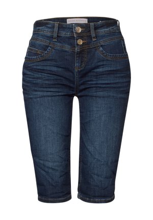 Dark blue denim capri jeans with a mid-rise waist, two front pockets, and two button closures. Features contrast stitching and a smooth texture.