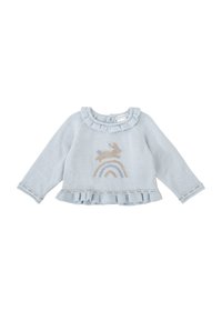 Suéter de punto azul claro con cuello y dobladillo con volantes, que presenta un diseño de conejo y arcoíris en tonos beige y azul más oscuro. Mangas largas.