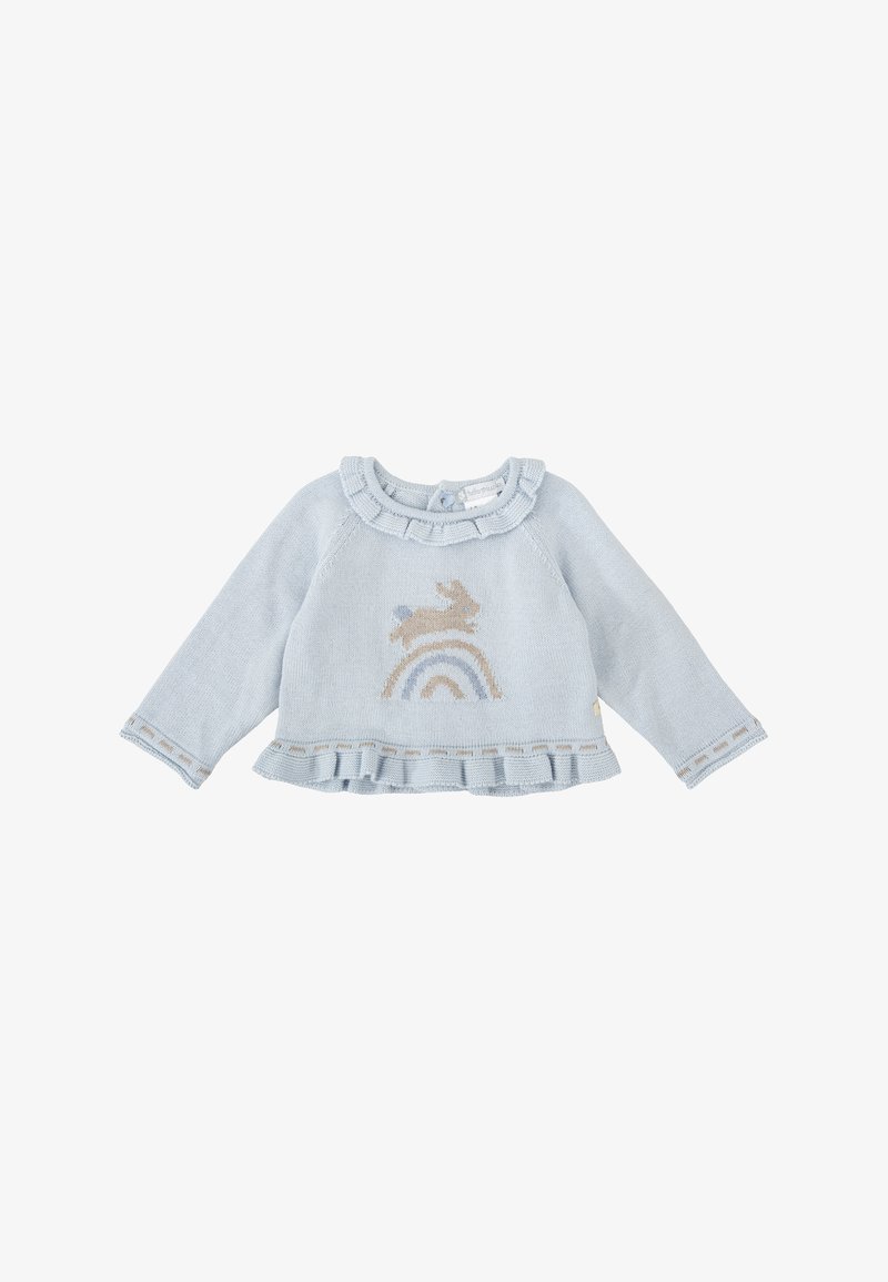Pull en laine bleu clair avec col et ourlet à volants, arborant un design de lapin et d'arc-en-ciel en accents beige et bleu foncé. Manches longues.