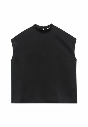 Zwarte, mouwloze top met hoge hals en een gladde, matte textuur. Eenvoudig ontwerp, geen patronen, met een knoopsluiting aan de achterkant.
