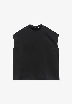 Zwarte, mouwloze top met hoge hals en een gladde, matte textuur. Eenvoudig ontwerp, geen patronen, met een knoopsluiting aan de achterkant.