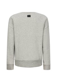 Felpa a maniche lunghe grigia chiara con polsini e orlo a coste, che mostra il retro con un piccolo etichetta nera del marchio vicino al colletto.