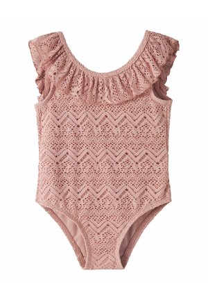 Rožinė be rankovių vienos dalies maudymosi kostiumėlis su chevron nėrinių raštu ir raukšlėtu iškirptės kraštu, skirtas mergaitėms.