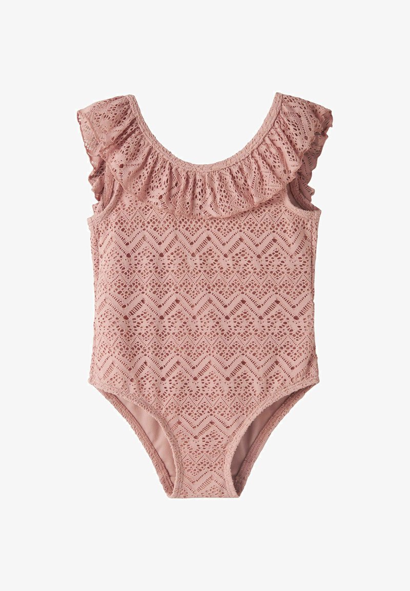 Maillot de bain une pièce rose sans manches avec motif en dentelle chevron et encolure à volants, conçu pour les filles.