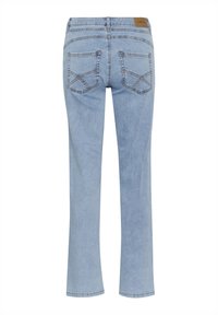 Jeans in denim blu chiaro con taglio dritto. Presentano due tasche posteriori con cucitura unica. Inclusa un'etichetta del marchio sulla vita.