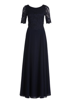 Navy blue evening gown featuring a lace bodice, short sleeves, and a flowy, full skirt. Smooth fabric with a fitted top and a defined waist.