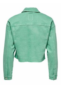 Giacca di denim verde tagliata, con maniche lunghe, polsini con bottoni e una texture liscia, con un'etichetta con il marchio sul retro.