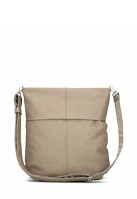 Borsa a tracolla in pelle beige con una texture liscia, caratterizzata da un design semplice, una tracolla regolabile e un dettaglio di cucitura centrale.