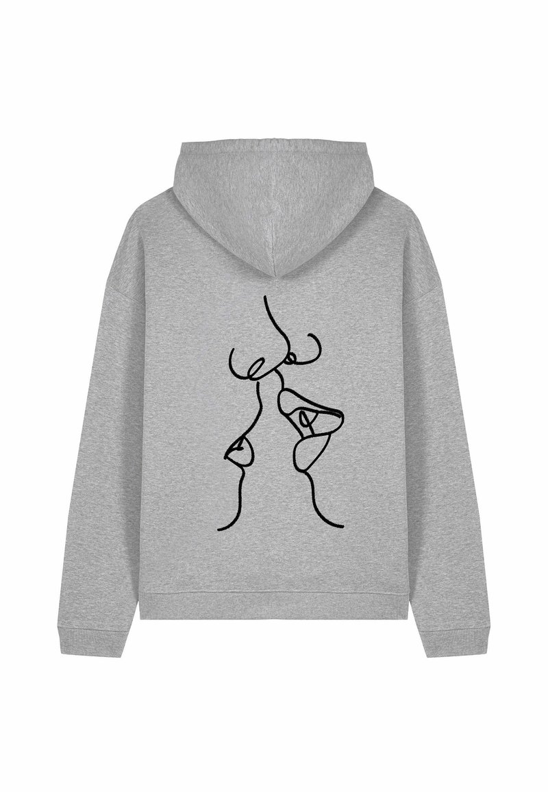 Felpa grigia chiara con un disegno a linea continua nera di due volti astratti che si baciano sulla schiena.
