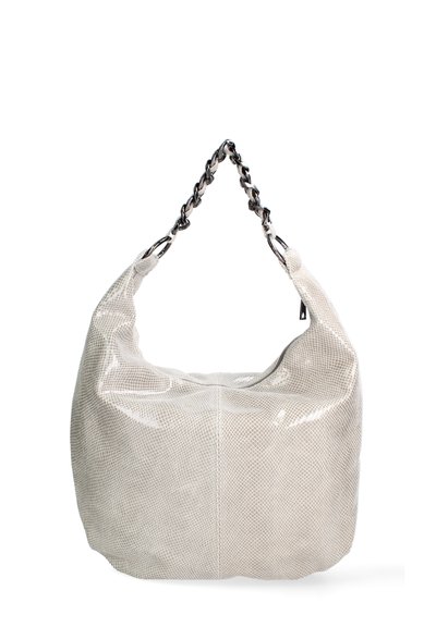 Borsa a spalla in rete beige con superficie testurizzata, dotata di tracolla a catena e dettagli metallici. Design ampio e morbido con chiusura a zip.