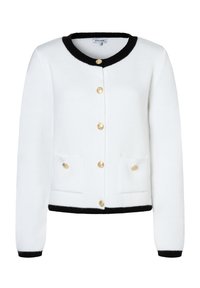Witte cardigan met zwarte accenten. Voorzien van gouden knopen en twee voorzakken. Gebreide textuur, ronde hals en lange mouwen.