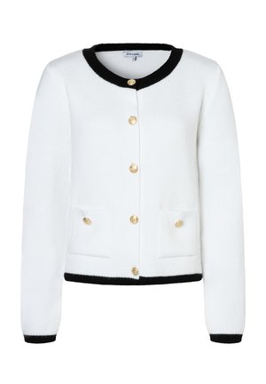 Weißer Cardigan mit schwarzen Akzenten. Verfügt über goldene Knöpfe und zwei Fronttaschen. Strickstruktur, Rundhalsausschnitt und lange Ärmel.