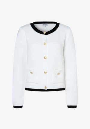 Weißer Cardigan mit schwarzen Akzenten. Verfügt über goldene Knöpfe und zwei Fronttaschen. Strickstruktur, Rundhalsausschnitt und lange Ärmel.