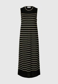 Robe noire sans manches avec des rayures horizontales crème, fabriquée dans un tissu léger, avec un col rond et un ourlet légèrement évasé.
