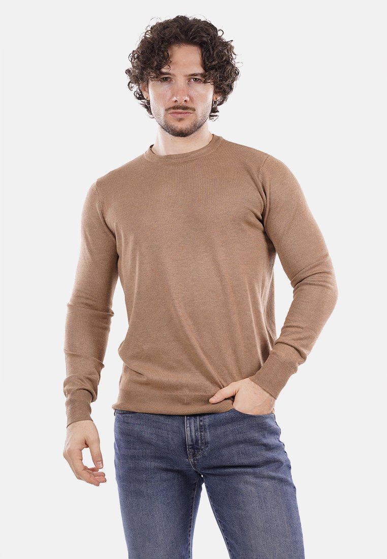 Maglione marrone con scollo tondo, maniche lunghe e polsini a costine; realizzato in un materiale morbido con una texture liscia. Indossato sopra dei jeans blu.