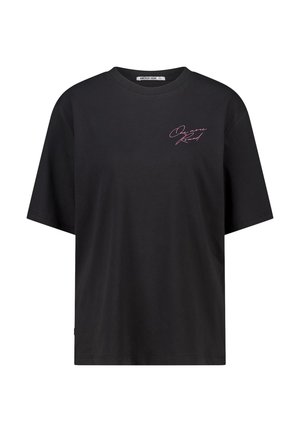 Black cotton t-shirt with a loose fit. Features a round neckline and short sleeves. Includes pink embroidered text on the left side.