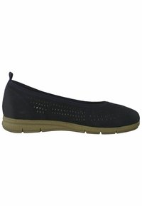 Bailarinas negras perforadas con puntera redondeada, suela flexible y suela texturizada beige. Parte trasera reforzada con una opción para tirar.