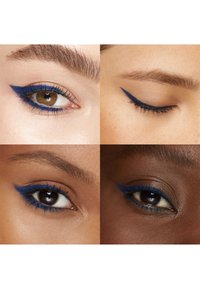 Quatre images en gros plan d'yeux avec un eye-liner bleu vif. Les cils sont définis, et les couleurs des sourcils varient. Les teints de peau vont du clair au foncé.