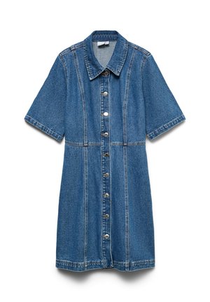 Μπλε τζιν φόρεμα με κοντά μανίκια, κλείσιμο με κουμπιά εμπρός, μυτερό γιακά και ορατές κάθετες και οριζόντιες ραφές.