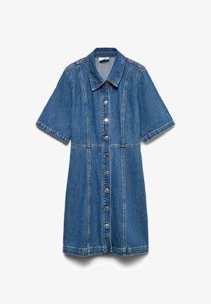Μπλε τζιν φόρεμα με κοντά μανίκια, κλείσιμο με κουμπιά εμπρός, μυτερό γιακά και ορατές κάθετες και οριζόντιες ραφές.