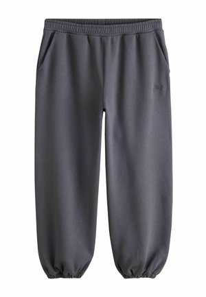 Dark gray elastic waist sweatpants with side pockets and elastic cuffs at the ankles, made of soft fabric.
