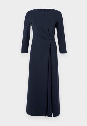 Marineblaues Kleid mit langen Ärmeln, runden Ausschnitt, gedrehten Taillendetails und plissiertem Rock. Hergestellt aus einem glatten, dehnbaren Stoff.