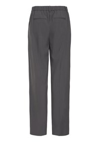 Šedé, prispôsobené nohavice s elastickým pásom, dvoma zadnými vreckami a rovnými nohavicami, vyrobené z hladkej, tkaninovej látky.