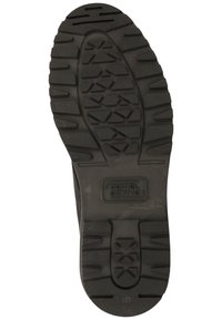 Rubber shoe sole with a textured surface, featuring a distinct tread pattern for grip. Logo embossed near the heel. Color: black.
