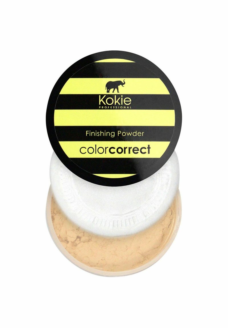 Kokie Professional Finishing Powder i en rund svart och gulrandig behållare, med en vit applicerare och ljusbeige puder inuti.