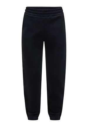 Schwarze Jogginghosen aus Fleece mit elastischem Bund und elastischen Beinabschlüssen, Vorderansicht, keine sichtbaren Logos oder Taschen.