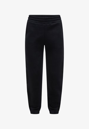 Schwarze Jogginghosen aus Fleece mit elastischem Bund und elastischen Beinabschlüssen, Vorderansicht, keine sichtbaren Logos oder Taschen.